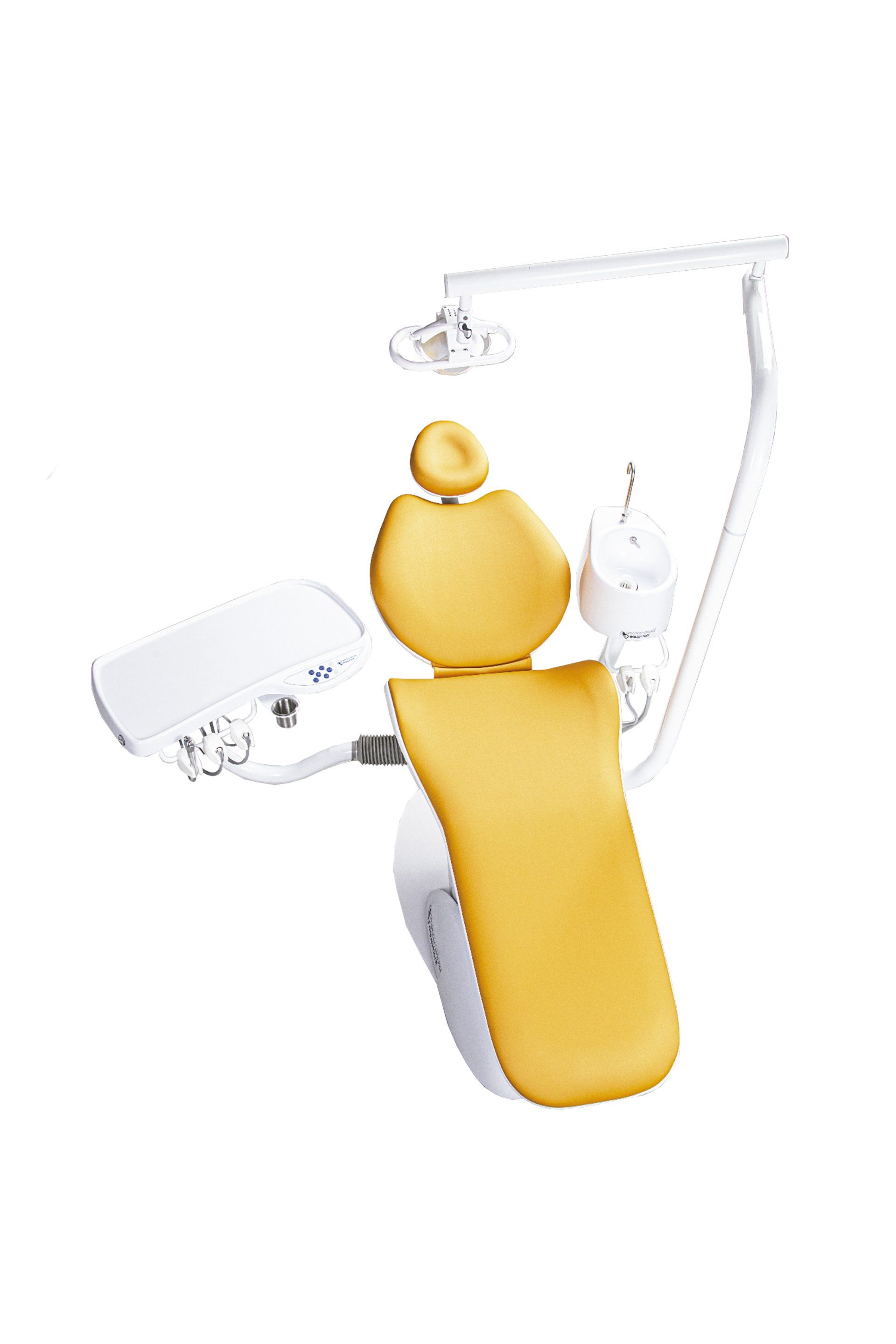 American Dental - Un sillón dental amarillo con una luz adherida sobre un fondo blanco.