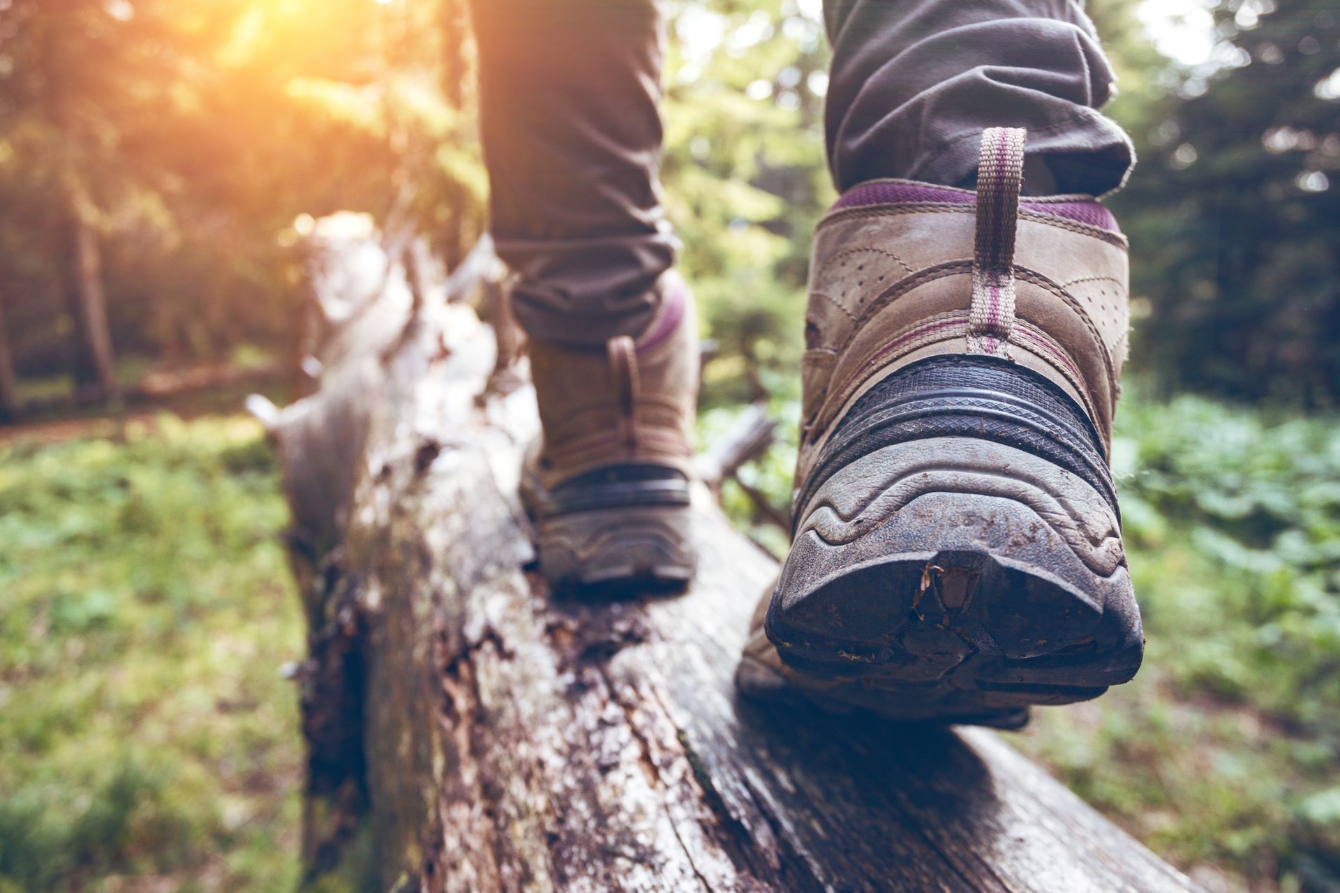 A person is walking on a log in the woods.
