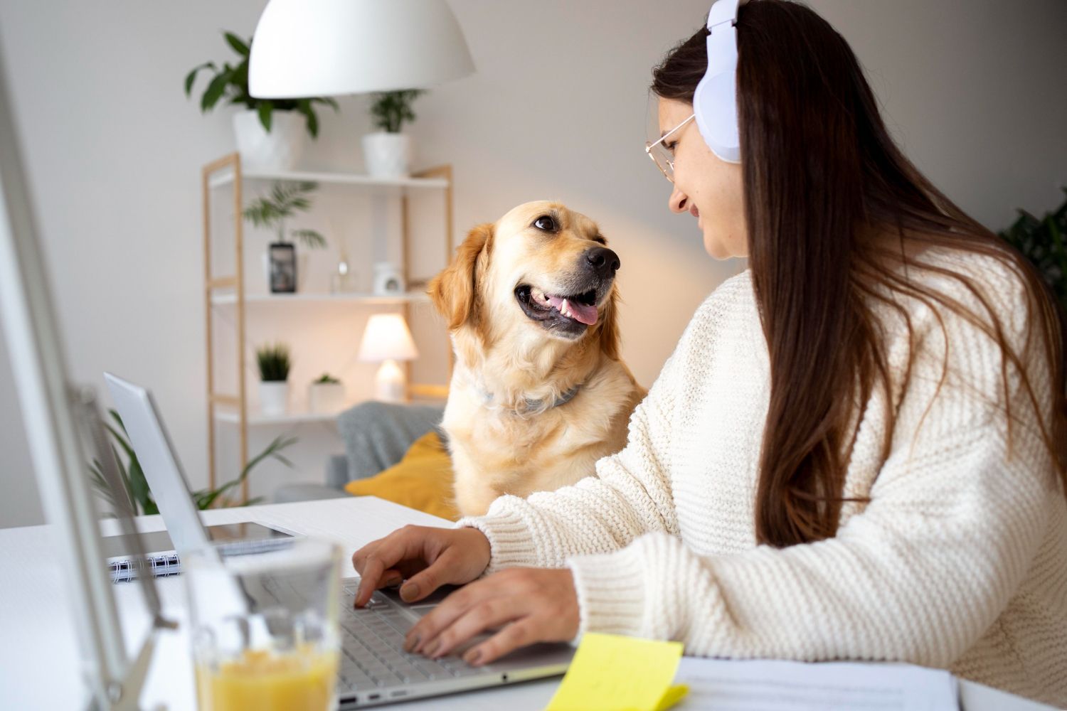 A woman is sitting at a desk with a laptop and a dog.