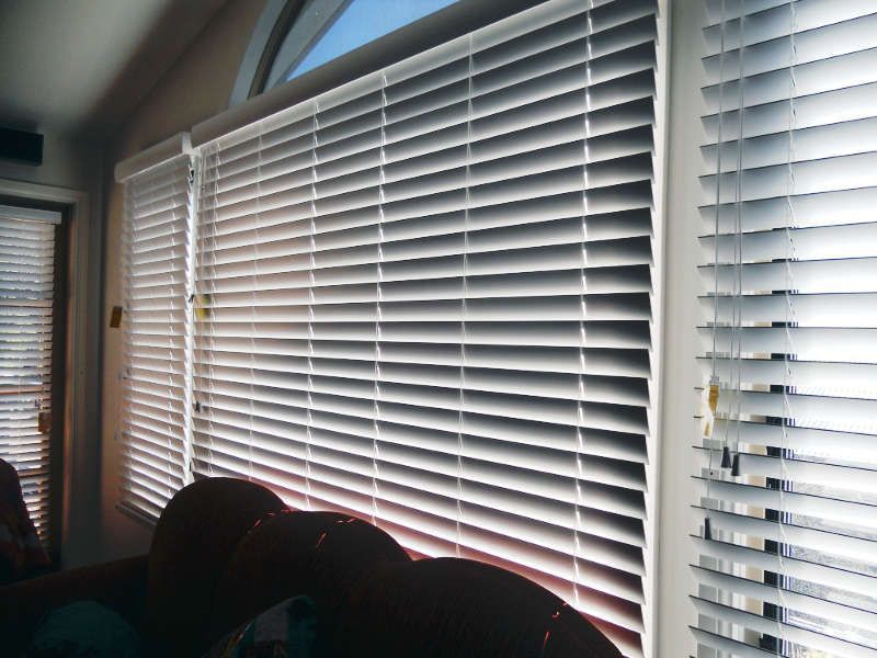 White Timber Venetians On A Large Window, Allowing For Light Control And Privacy — Ulladulla Blinds & Home Improvements In Ulladulla, NSW