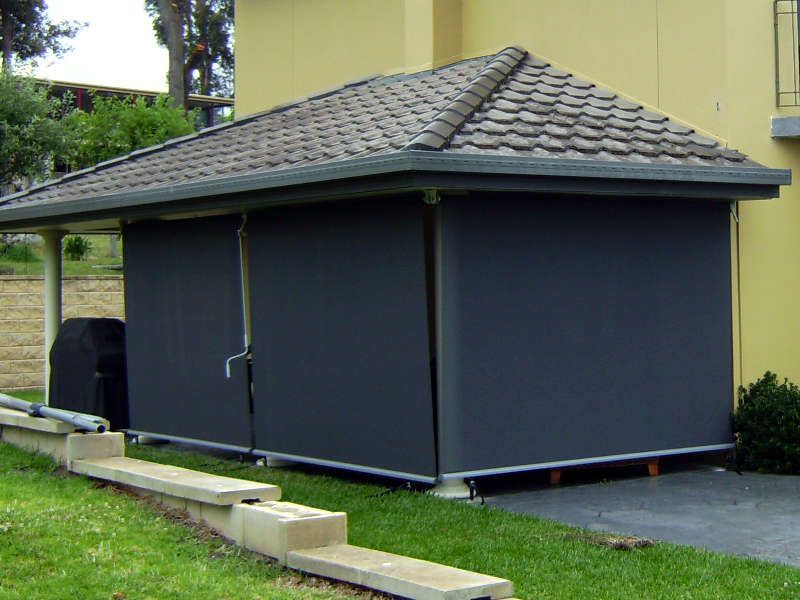 Freestanding Outdoor Roller Blinds, Fully Extended, Enclosing A Patio — Ulladulla Blinds & Home Improvements In Ulladulla, NSW