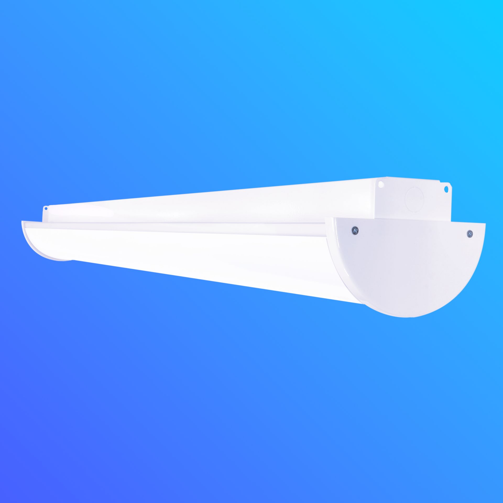 A white tube is against a blue background