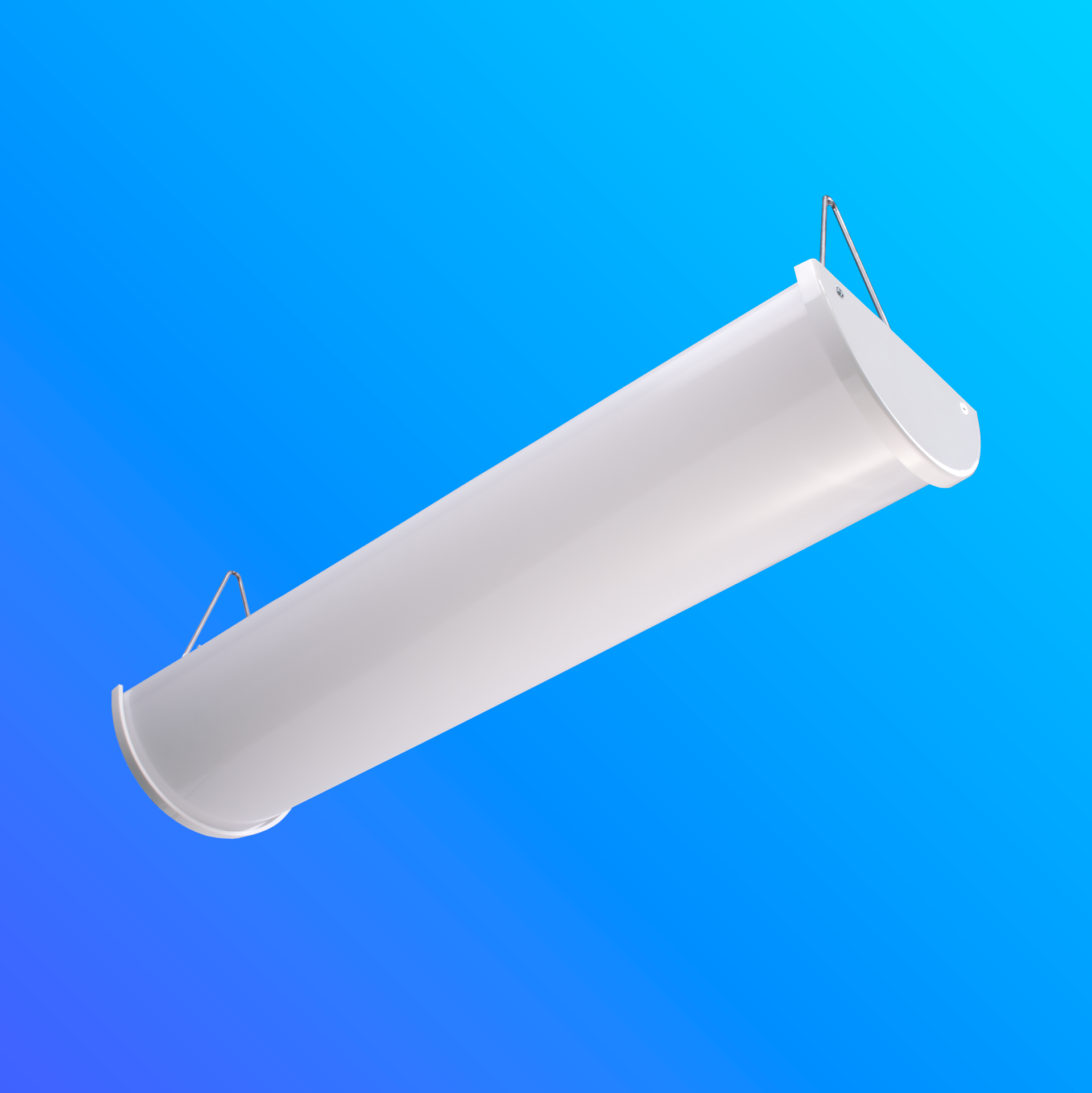 A white architectural high bay light fixture on a blue background.