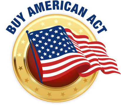 BAA Buy American Act logo gold coin with waving USA Flag