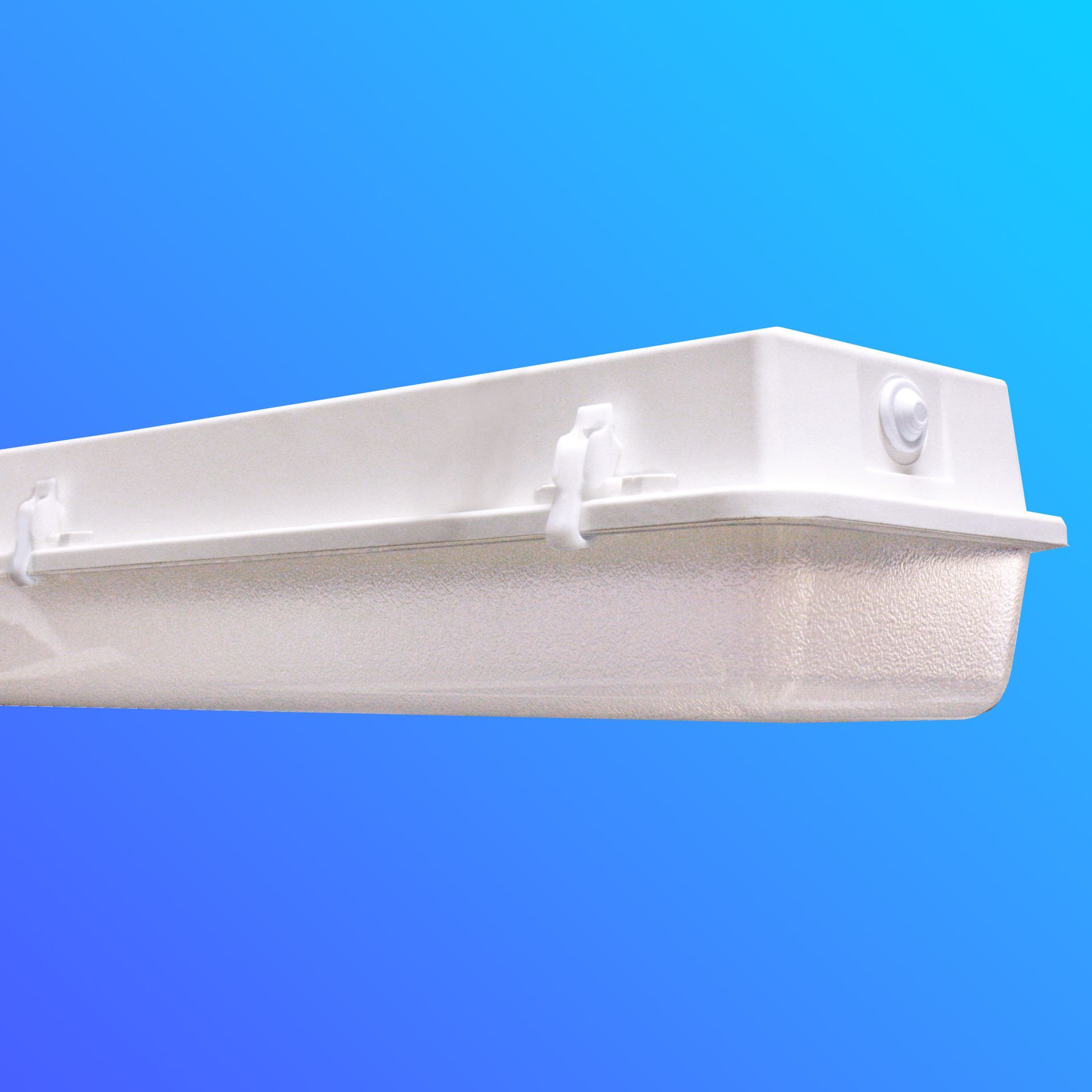 A white tube is against a blue background