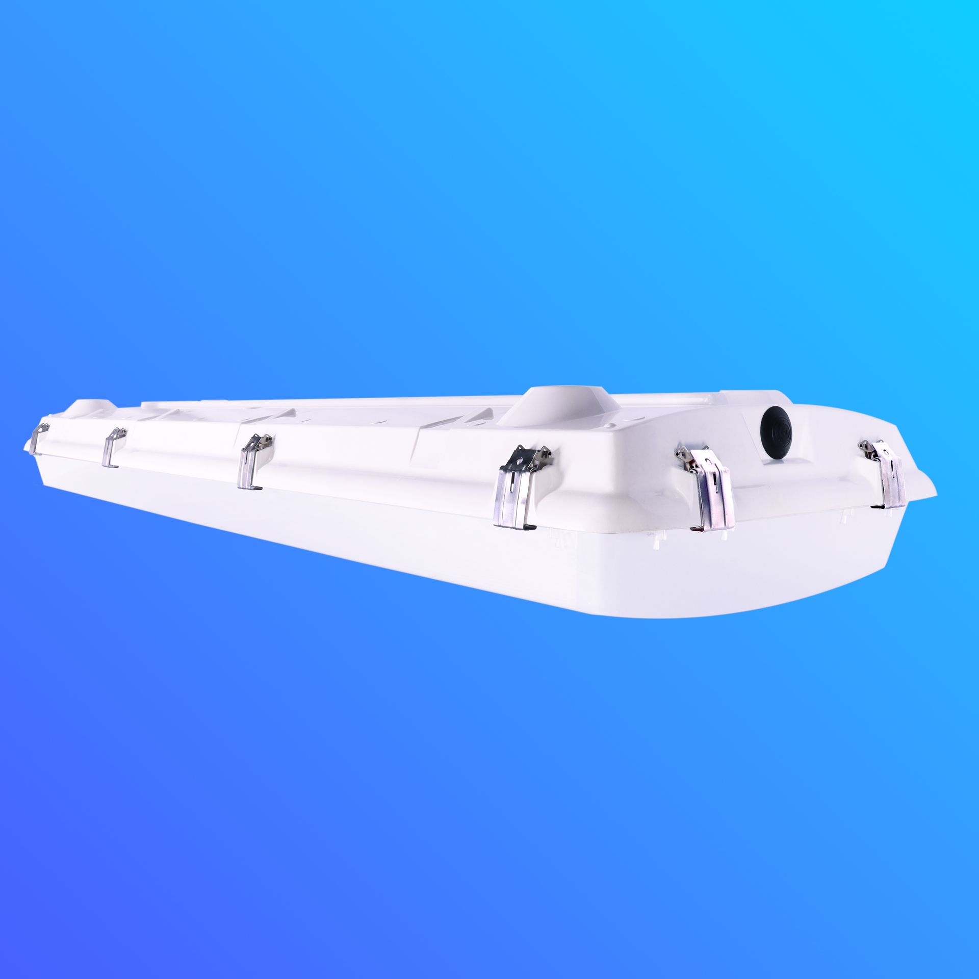A white light fixture is sitting on top of a blue surface.