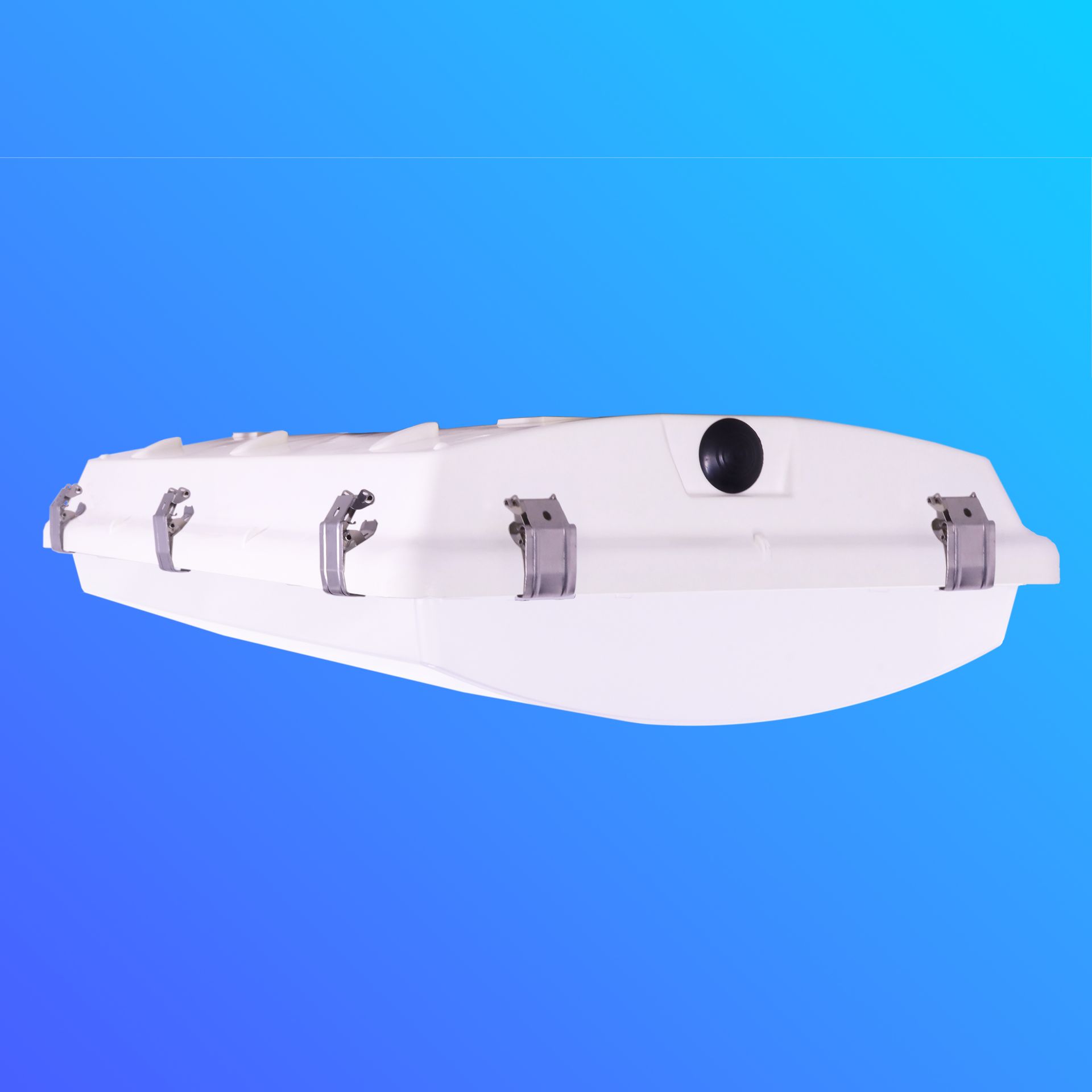 A white ceiling light with a blue sky in the background