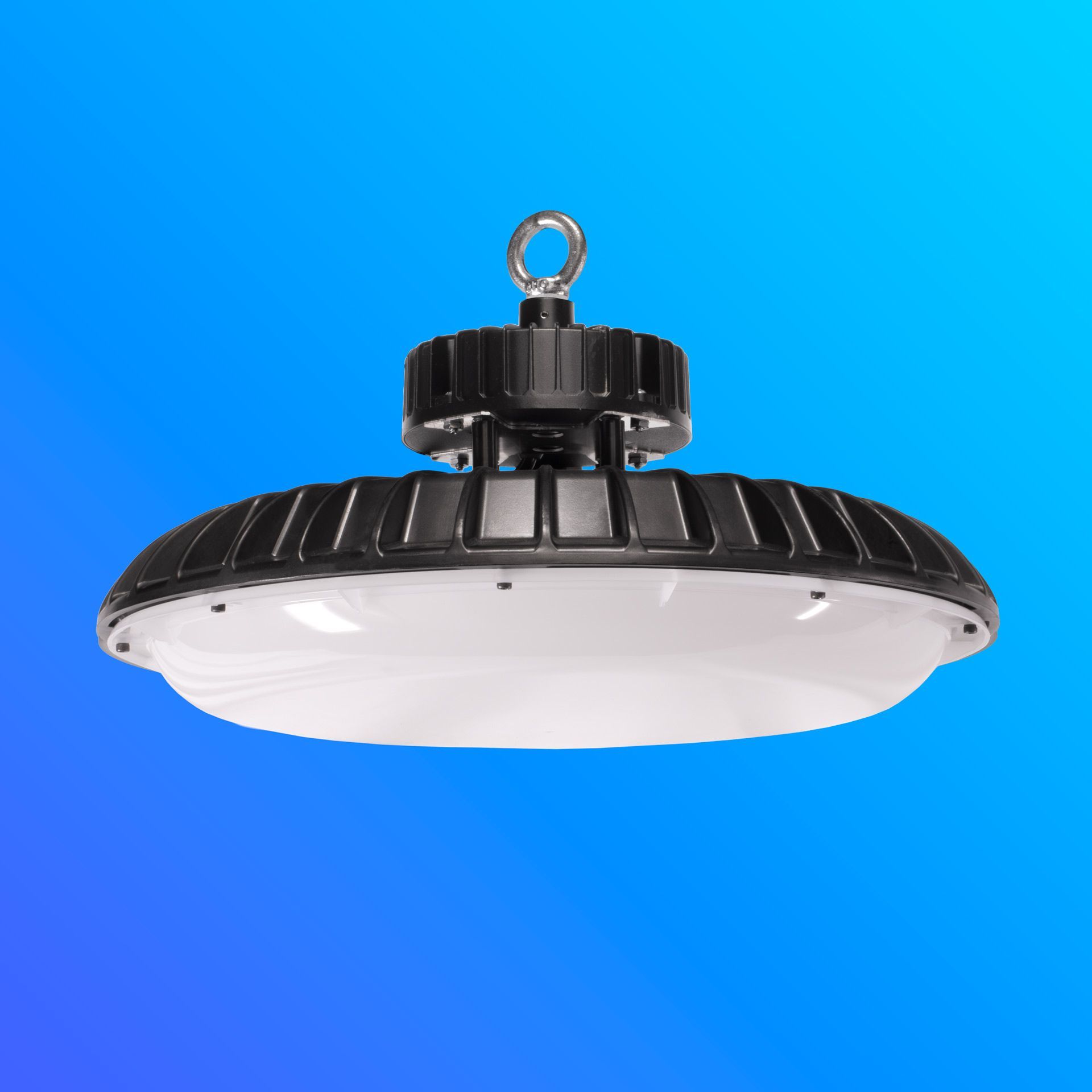 A high bay light in the shape of a UFO with a blue gradient background