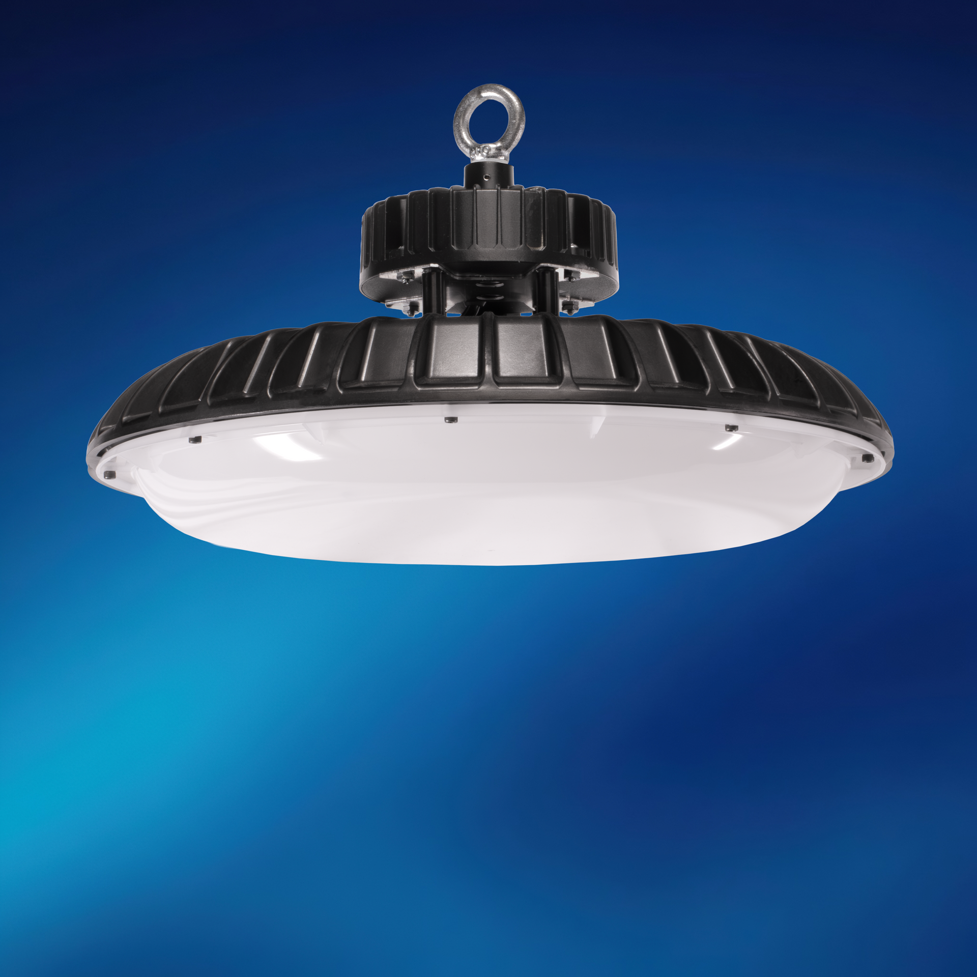 A ceiling light is hanging from the ceiling on a blue background.