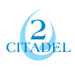 A blue and white logo for 2 citadel