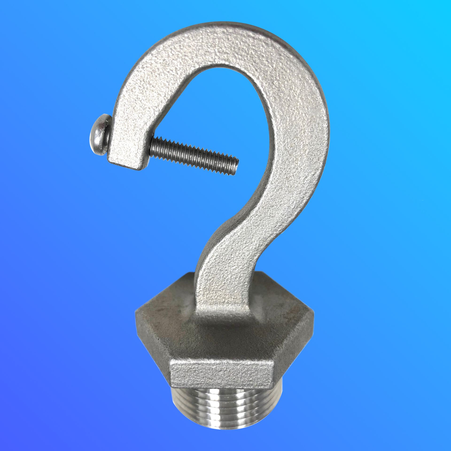 A metal hook with a screw on it on a blue background