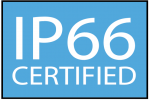 A blue sign that says `` ip66 certified '' on it.