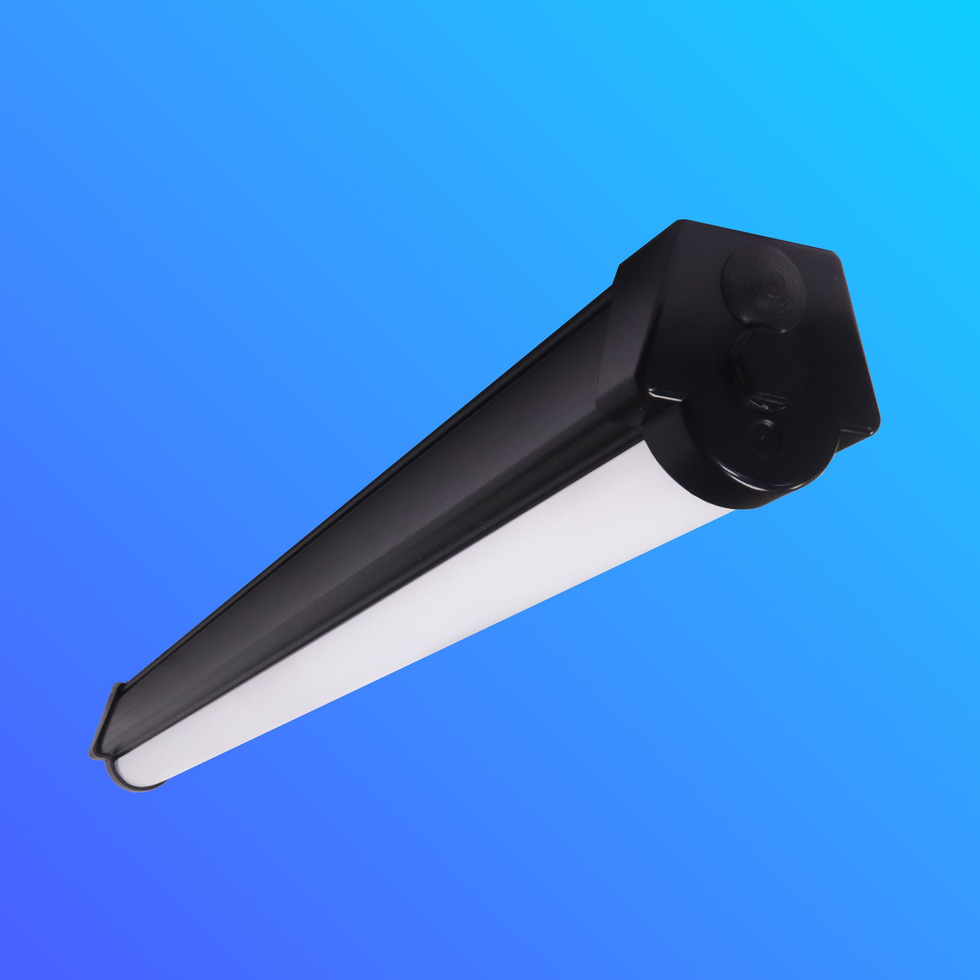 A white tube is against a blue background