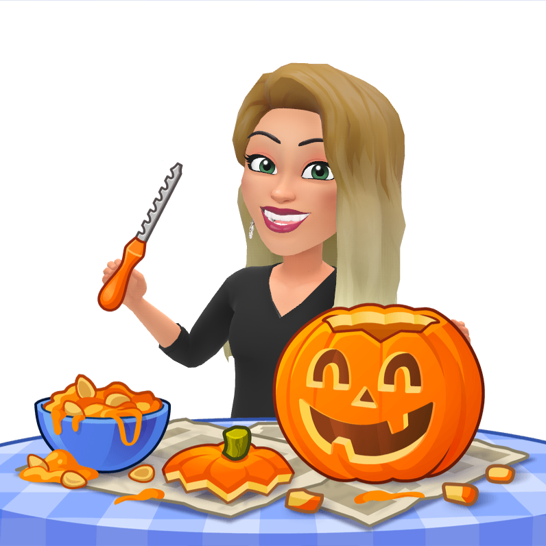 A cartoon woman is carving a pumpkin with a saw.
