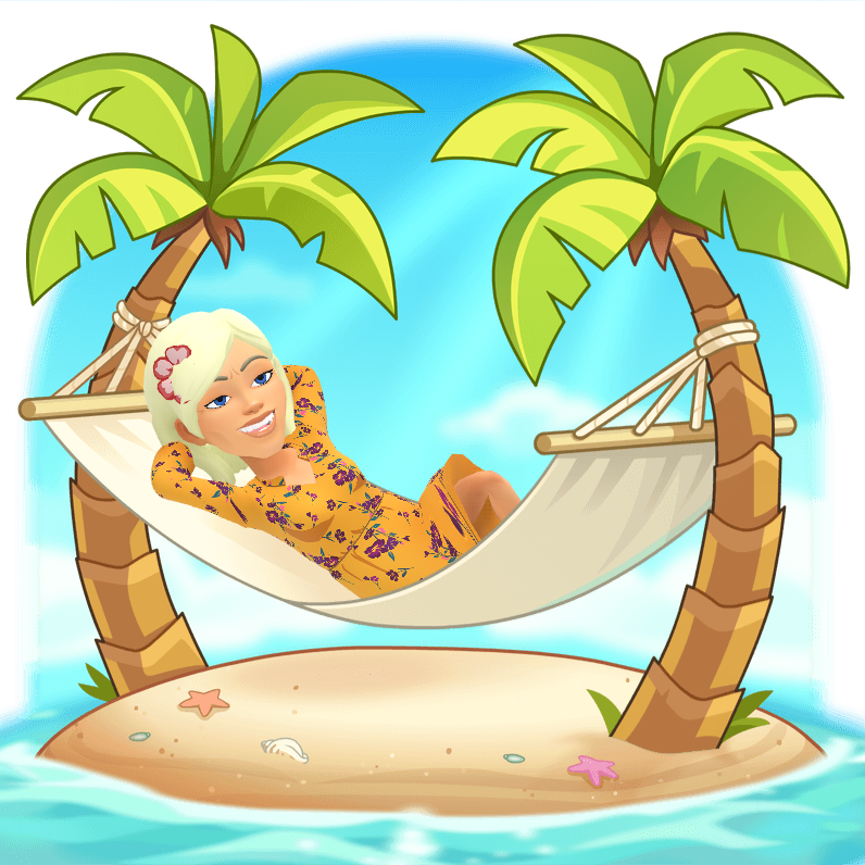 A cartoon girl is laying in a hammock on a small island surrounded by palm trees.