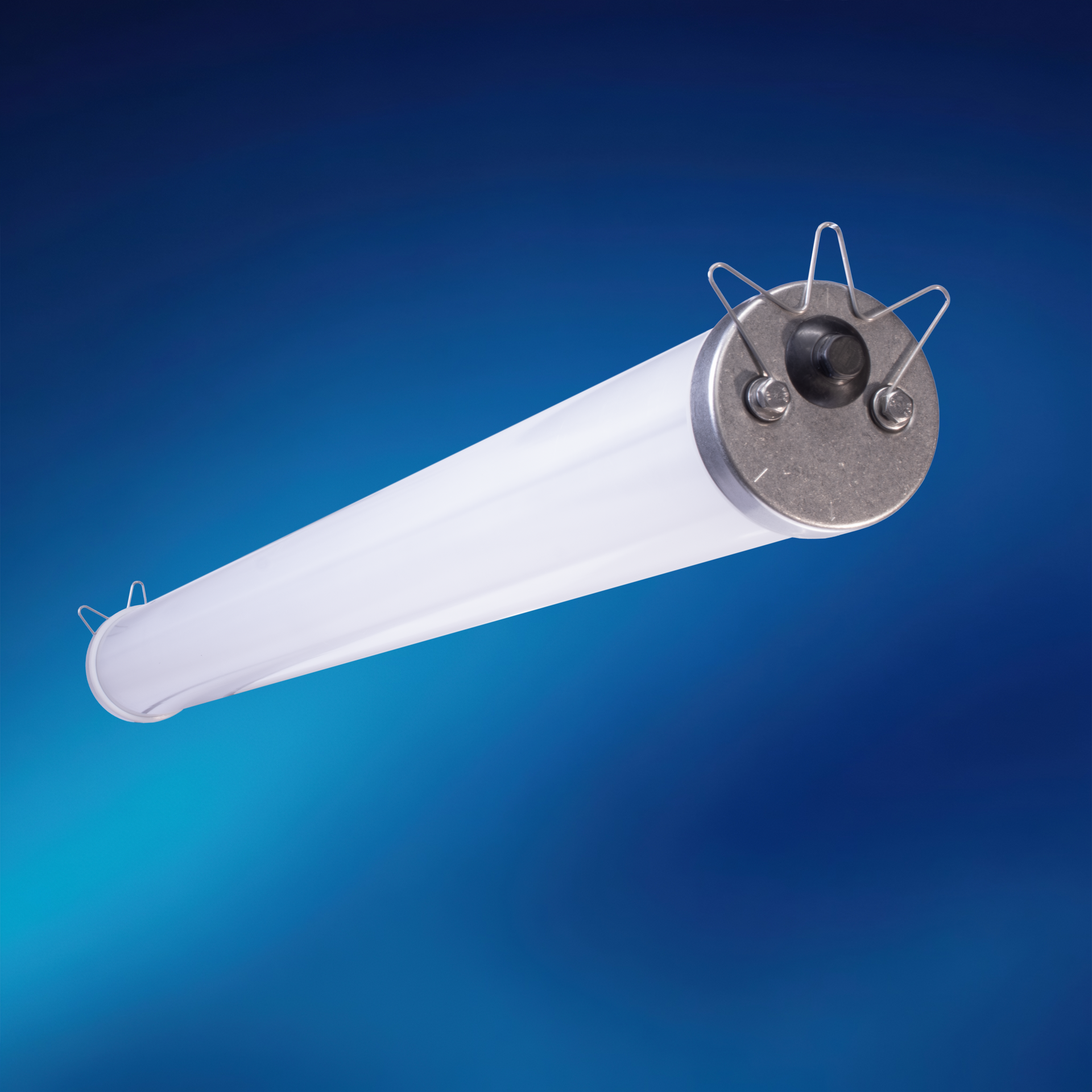 A long white tube is against a blue background