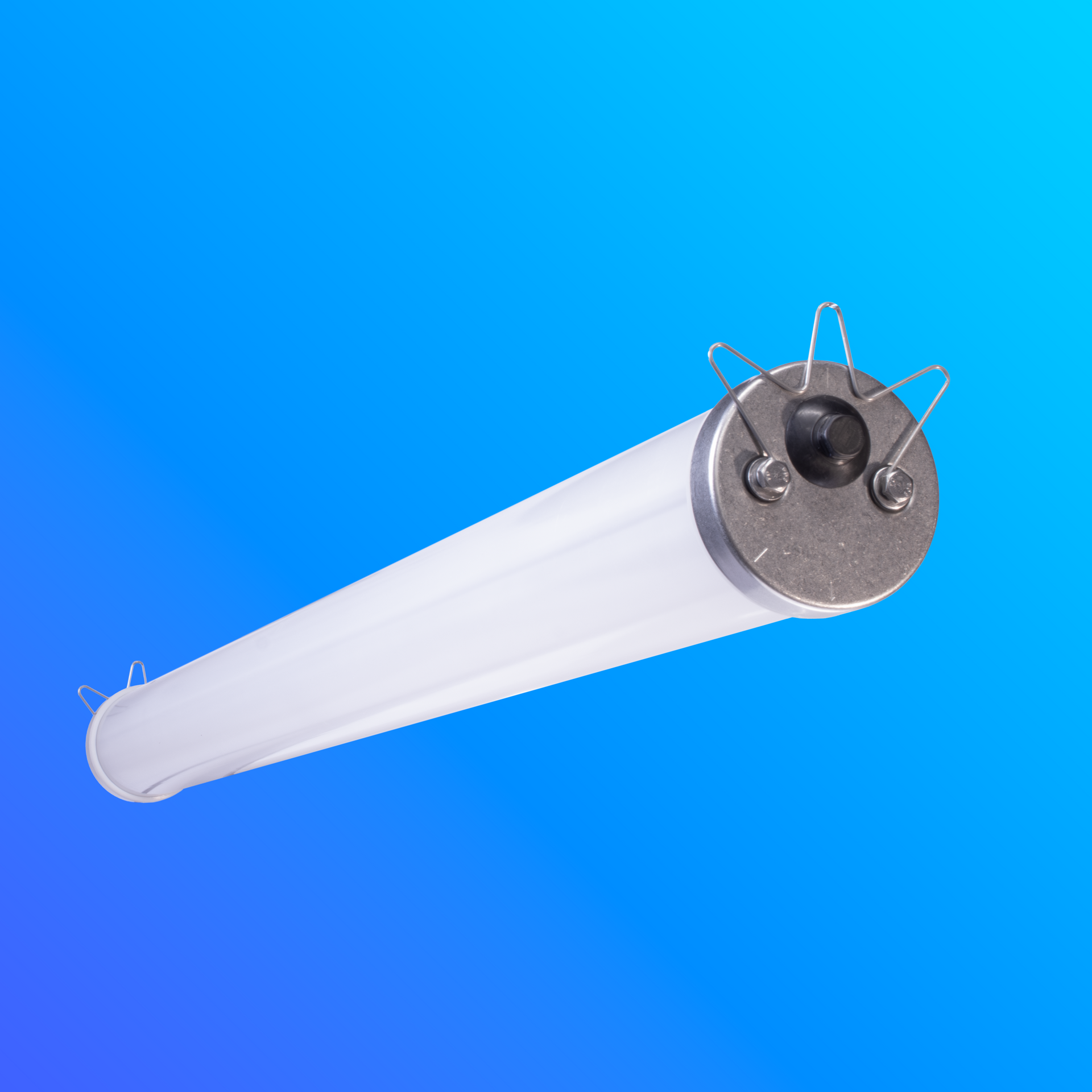 A white LED lighting fixture in the shape of a tube is against a blue background