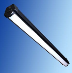 A black and white light fixture on a blue background