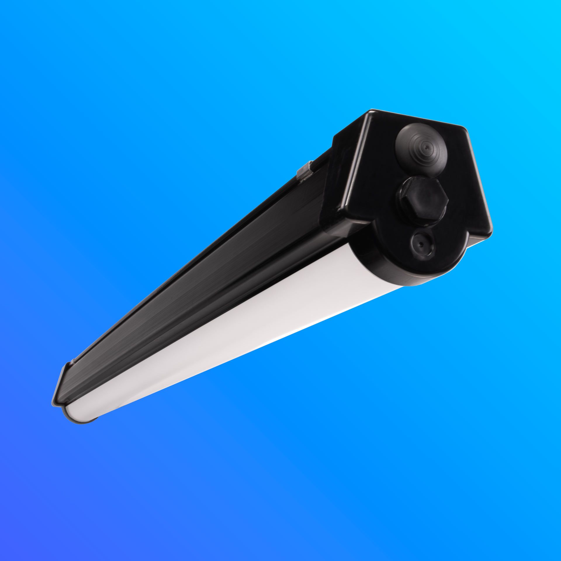 Profile I linear lighting enclosure, a sleek white tube design on a blue background