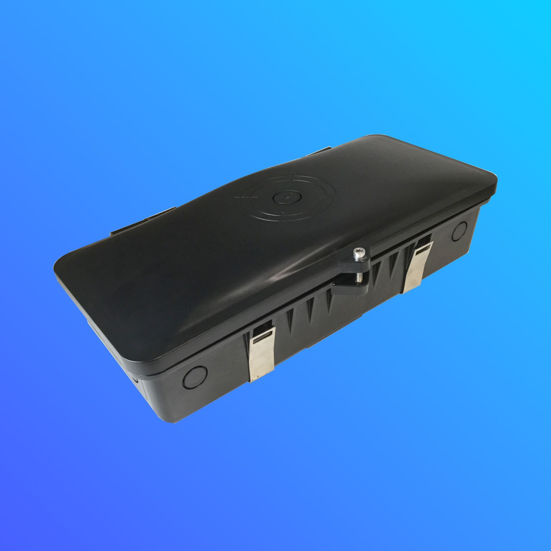 A black box on a blue background that looks like a briefcase