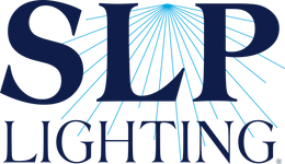 A blue and white logo for slp lighting