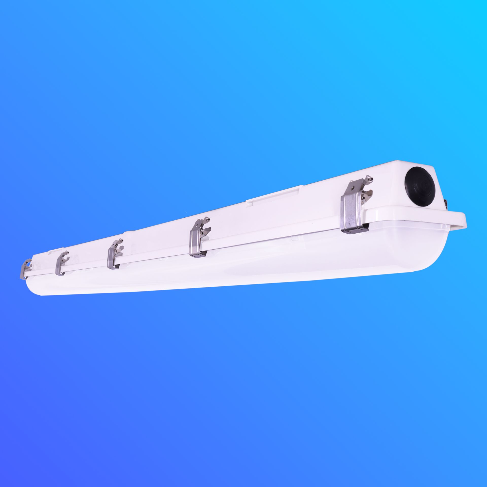 Three white lights are sitting on top of each other on a blue background.