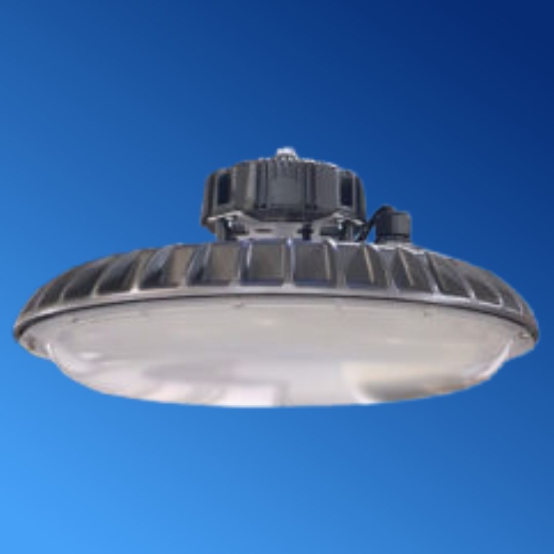 A light that looks like a ufo is against a blue sky