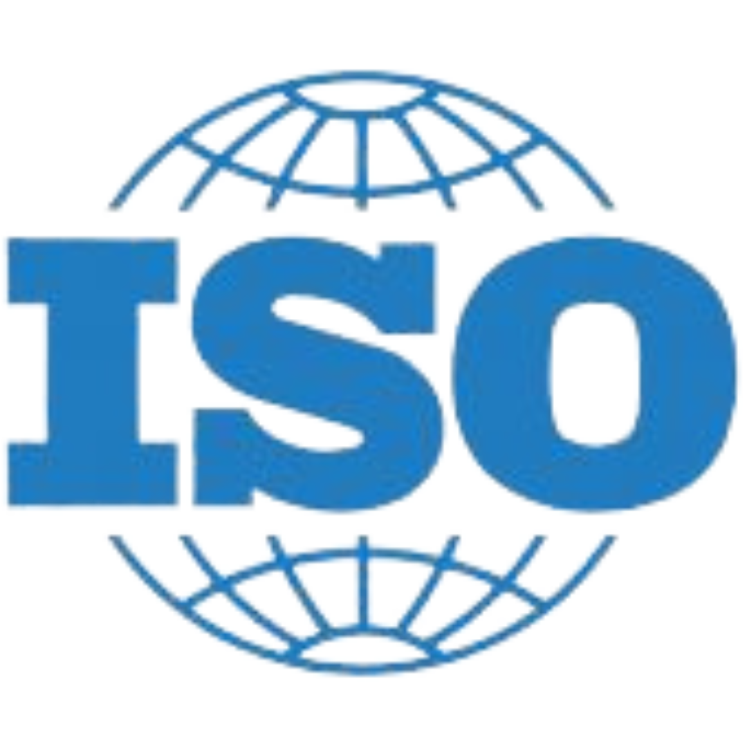 A blue iso logo with a globe in the middle