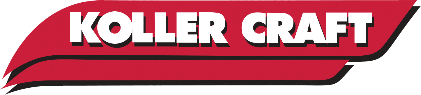A red and white logo for koller craft on a white background