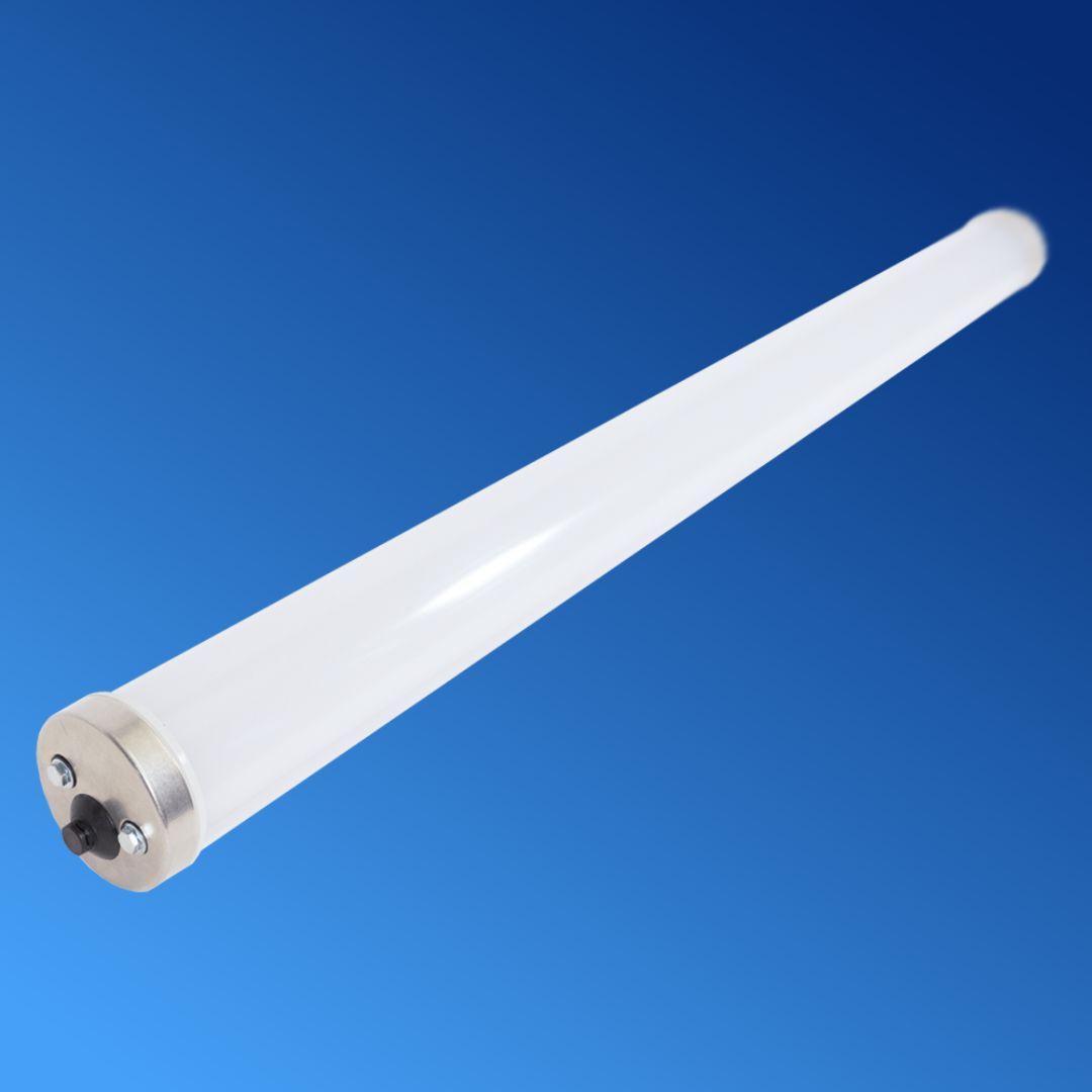 A white tube is against a blue background