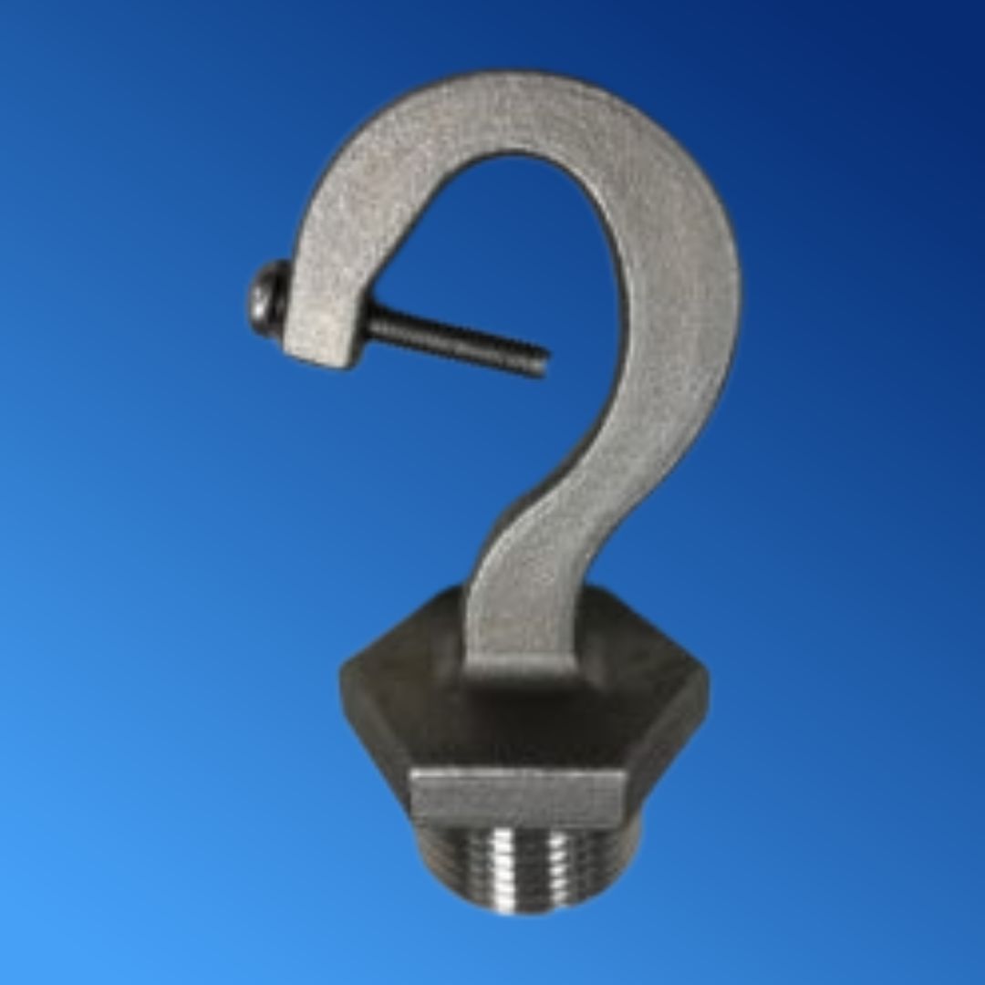 A metal hook with a screw on it on a blue background