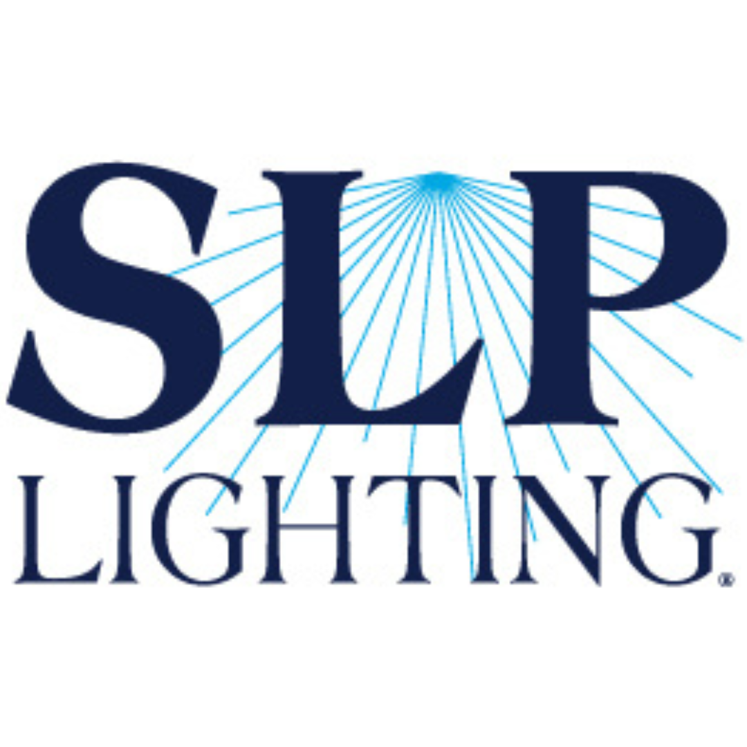 A logo for slp lighting with rays of light coming out of the letters