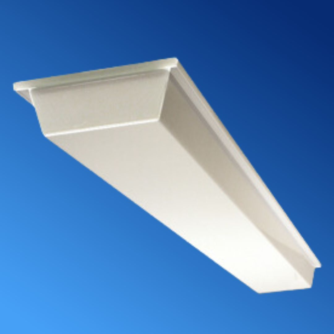 A white light fixture is against a blue sky