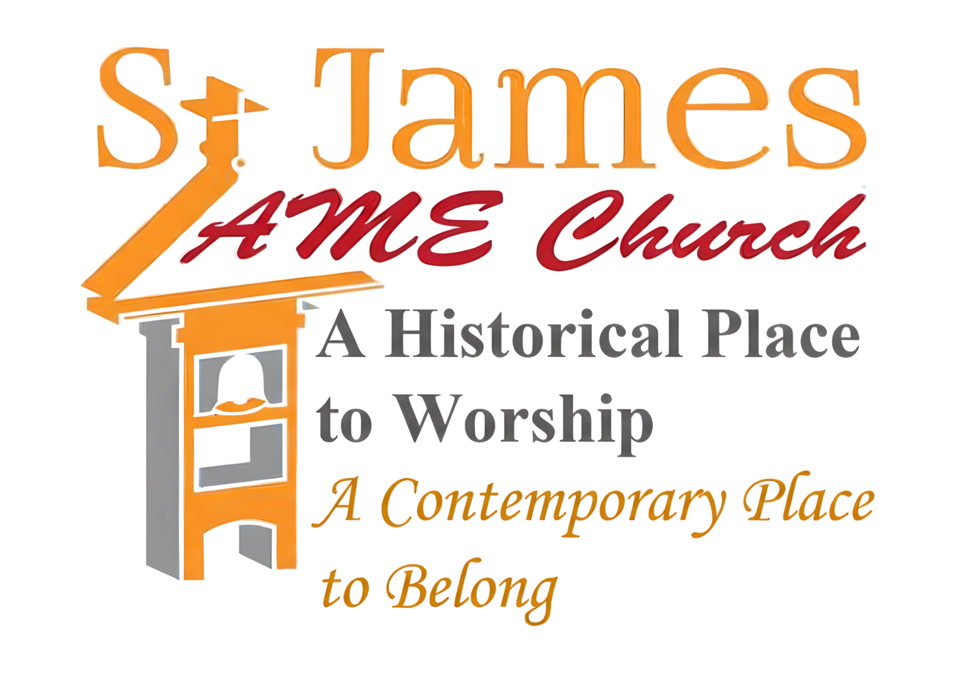 St. James AME Church logo with orange church icon and text: Historical Place to Worship, Contemporary Place to Belong