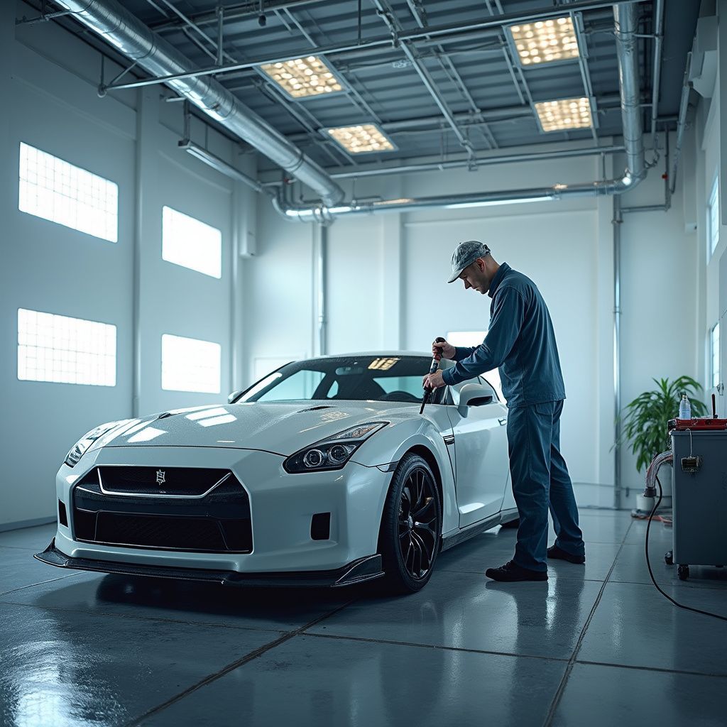 Un mécanicien en combinaison bleue travaille sur une voiture de sport blanche dans un garage propre et bien éclairé.