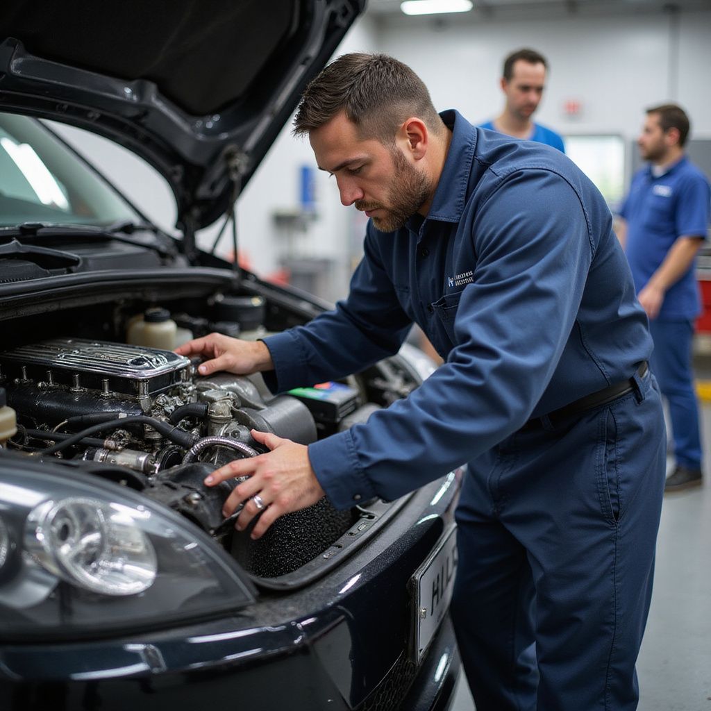 Un mécanicien en combinaison bleue inspecte le moteur d'une voiture, avec deux collègues en arrière-plan.