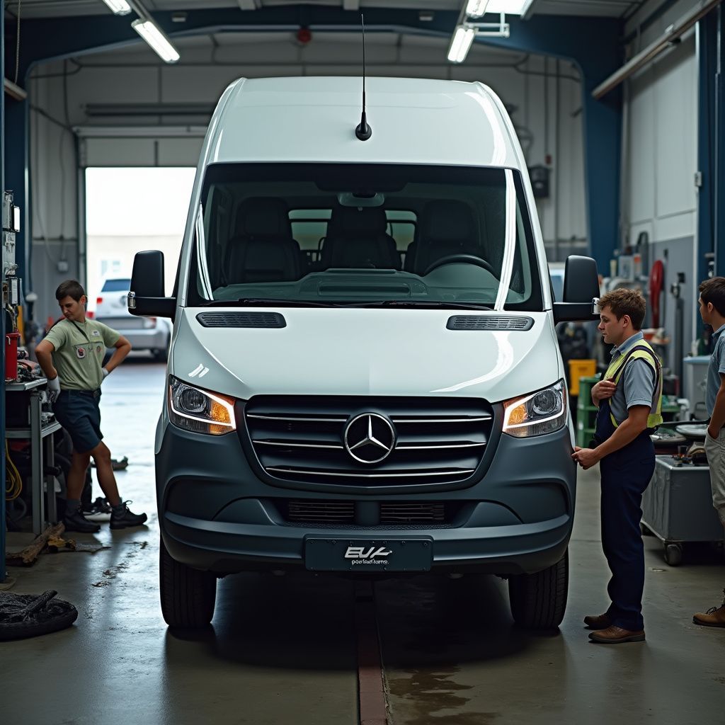 Une camionnette Mercedes blanche dans un garage, flanquée de trois personnes en tenue de travail, faisant face au spectateur.