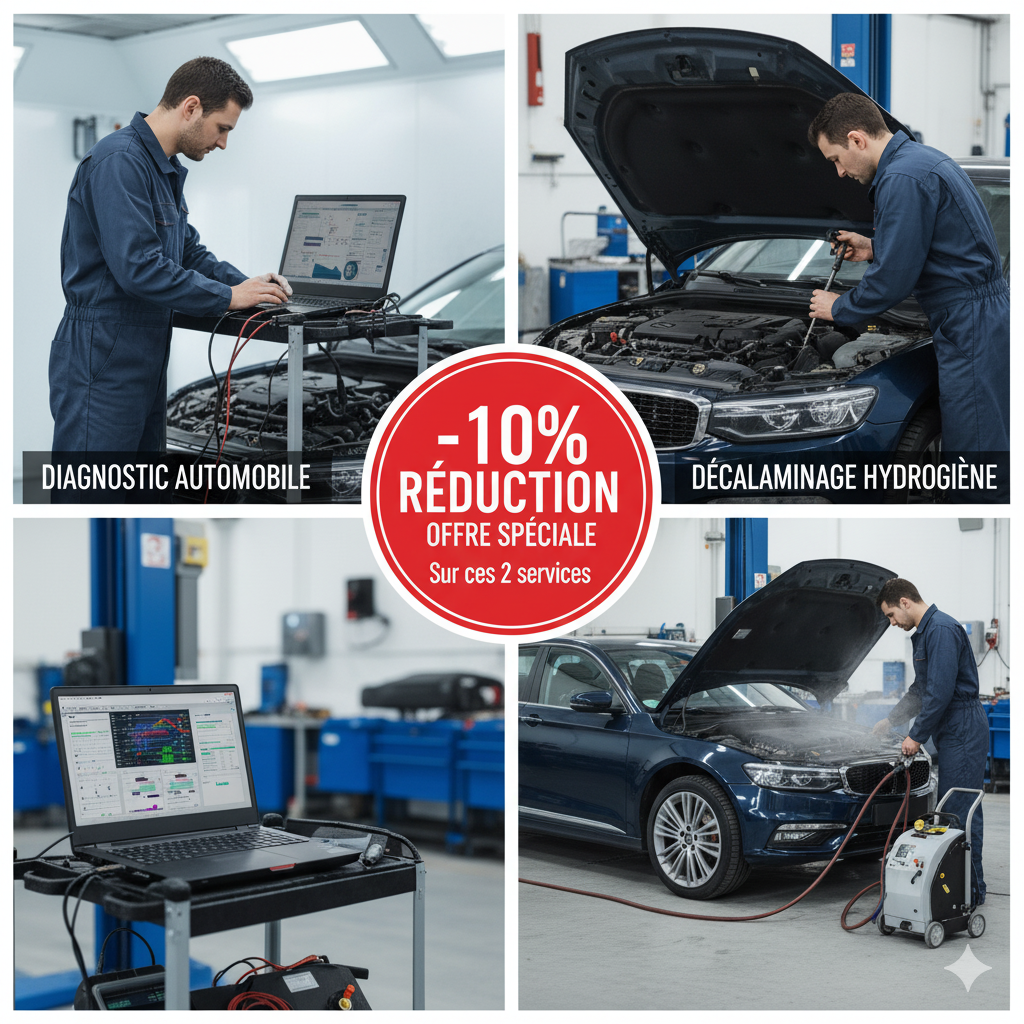 Mécanicien automobile, services de diagnostic et de décarbonation à l'hydrogène, offre spéciale rouge.