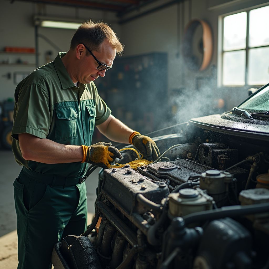 Un mécanicien inspecte le moteur d'une voiture dans un garage, portant des gants. De la vapeur s'échappe du moteur.