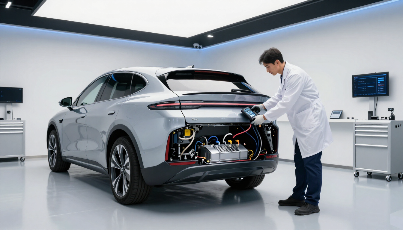Mécanicien effectuant la maintenance d'un véhicule électrique à Domène
