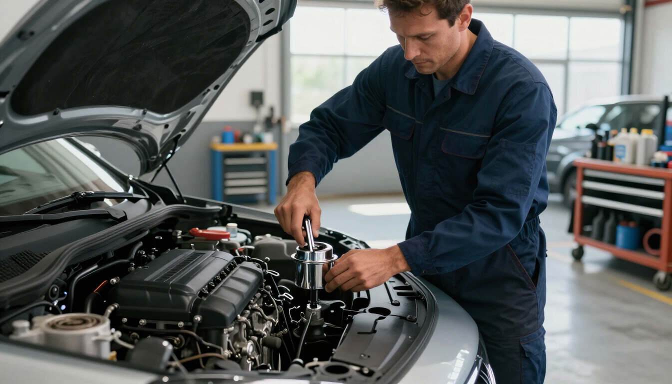 Technicien réalisant un entretien diesel et essence complet dans un garage à Domène.