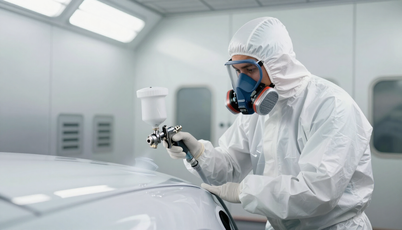 Technicien travaillant en cabine de peinture