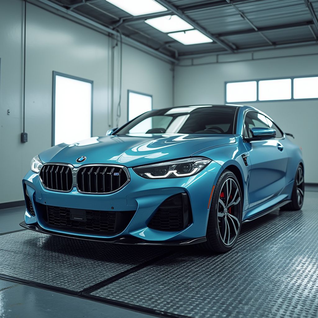 Un coupé BMW bleu, garé dans un garage bien éclairé, présente des accents noirs et des étriers de freins rouges.
