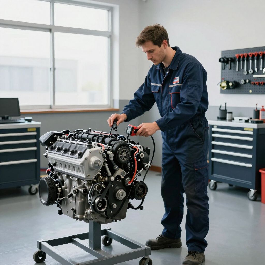 Un mécanicien en combinaison bleue travaille sur des pièces automobiles à un établi dans un garage.