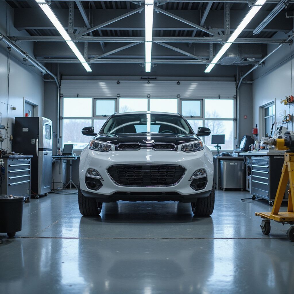 Voiture blanche dans un atelier bien éclairé, avec des outils et une porte de garage.