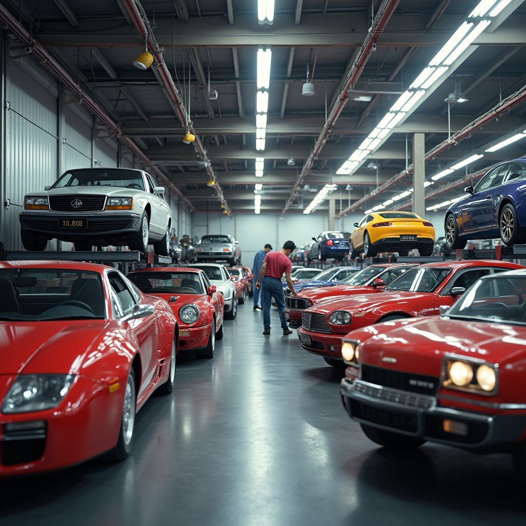 Un grand garage avec des rangées de voitures rouges classiques, parmi lesquelles une personne déambule.
