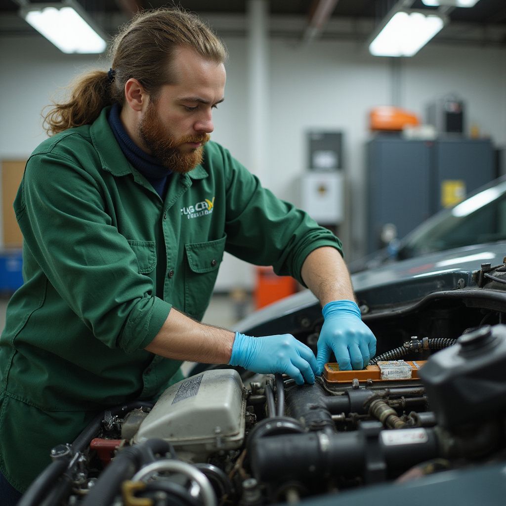 Un mécanicien en uniforme vert et gants bleus travaille sur le moteur d'une voiture dans un atelier.