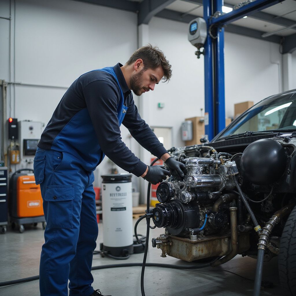 Un mécanicien travaille sur le moteur d'une voiture dans un garage ; il porte une salopette bleue et des gants.