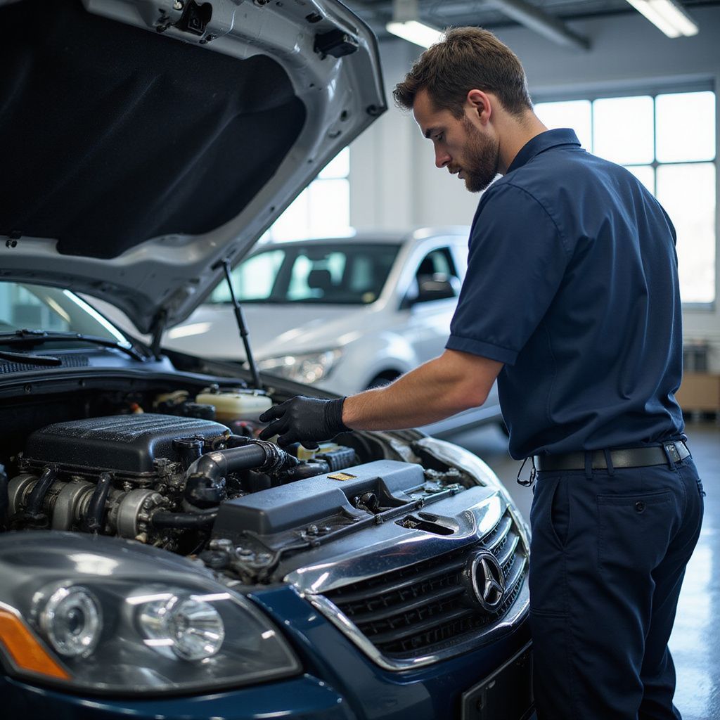 Un mécanicien inspecte le moteur d'une voiture dans un garage. Il porte un uniforme bleu et des gants.