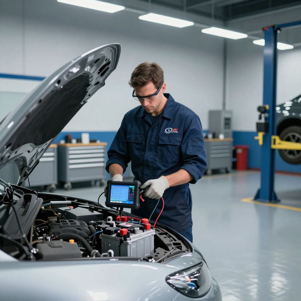 Un homme en salopette bleue astique une voiture de sport blanche dans un garage bien éclairé.